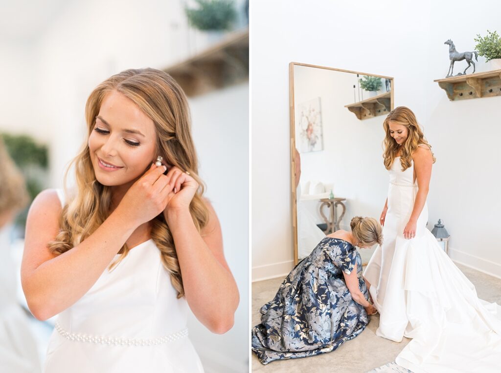 Bride's mom helping bride put on wedding shoes and bride putting on earrings | The Evermore Wedding | The Evermore Wedding Photographer | Raleigh NC Wedding Photographer