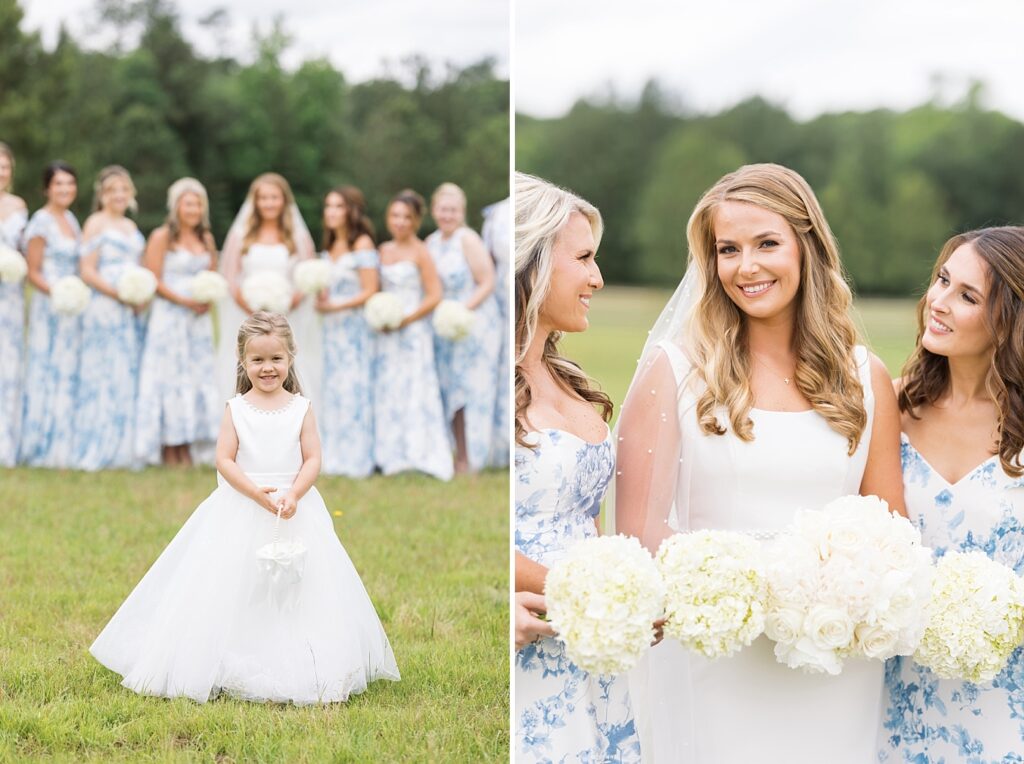 Flower girl standing in front of bridal party and bride holding white flower bouquet | The Evermore Wedding | The Evermore Wedding Photographer | Raleigh NC Wedding Photographer