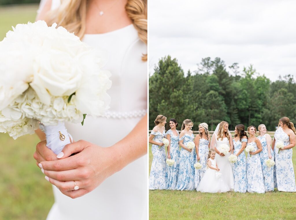 Bride holding bouquet showing pendant and bride with her bridal party | The Evermore Wedding | The Evermore Wedding Photographer | Raleigh NC Wedding Photographer