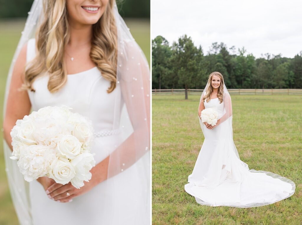 Bride's veil details and bride posing with white flower bouquet | The Evermore Wedding | The Evermore Wedding Photographer | Raleigh NC Wedding Photographer