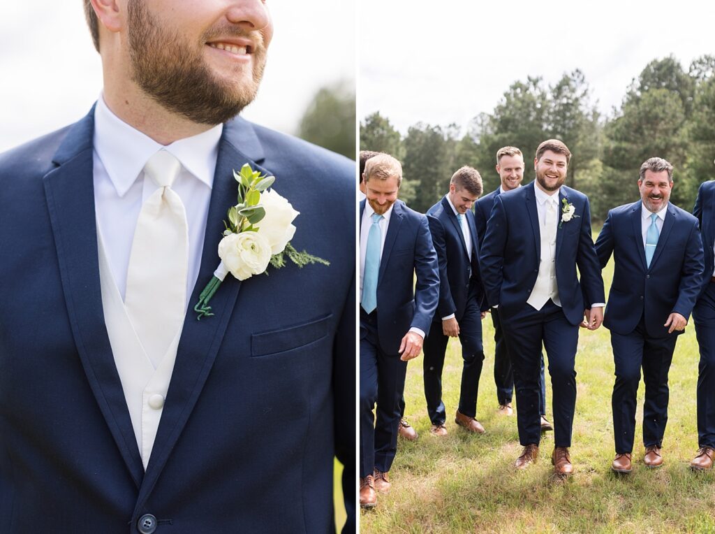 Groom's boutonniere details and groomsmen walking with groom  | The Evermore Wedding | The Evermore Wedding Photographer | Raleigh NC Wedding Photographer