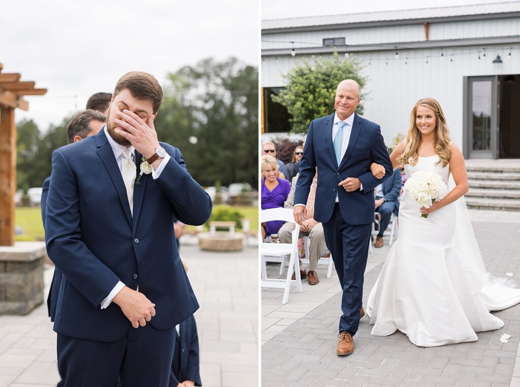 Groom wiping tears and bride walking down aisle with dad | The Evermore Wedding | The Evermore Wedding Photographer | Raleigh NC Wedding Photographer