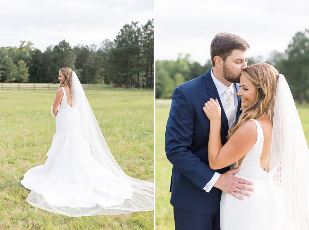 Bride's wedding dress details and groom kissing bride on forehead | The Evermore Wedding | The Evermore Wedding Photographer | Raleigh NC Wedding Photographer