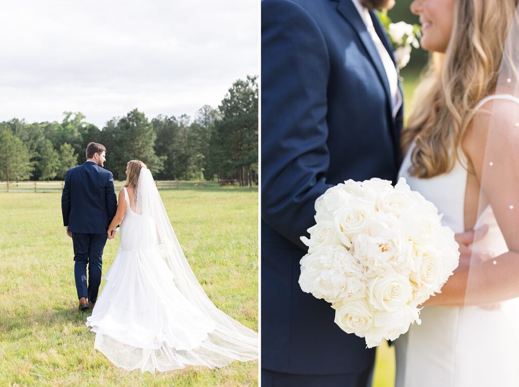 Bride and groom holding hands as they walk away and bridal bouquet details | The Evermore Wedding | The Evermore Wedding Photographer | Raleigh NC Wedding Photographer
