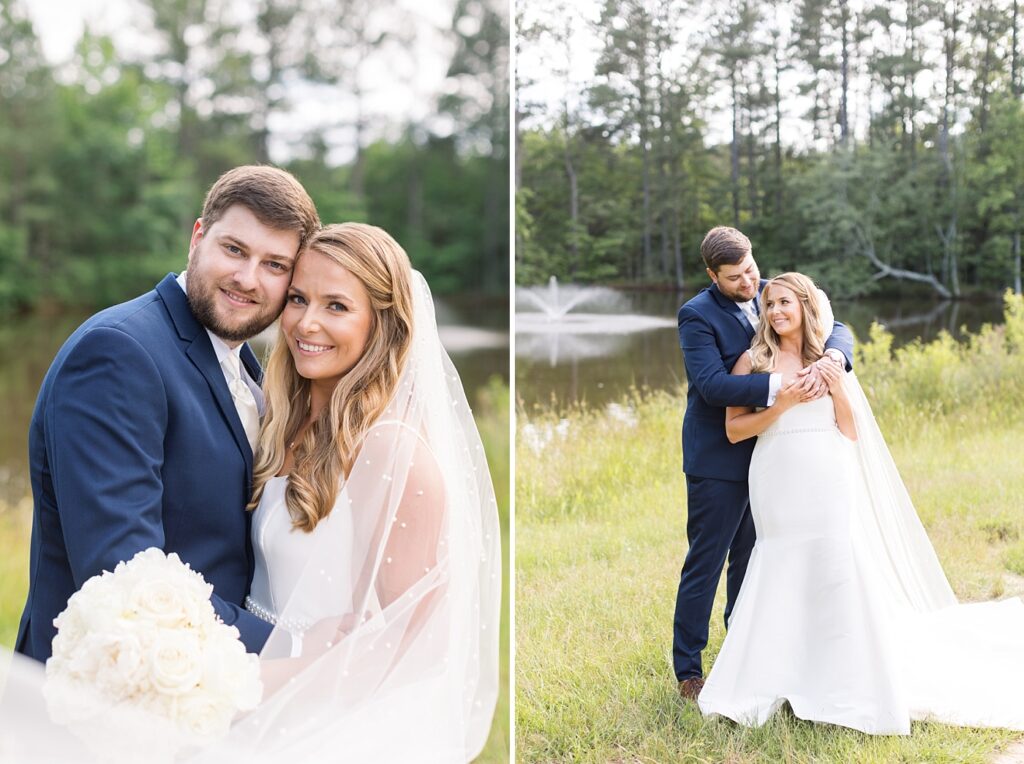 Bride and groom embracing by lake | The Evermore Wedding | The Evermore Wedding Photographer | Raleigh NC Wedding Photographer