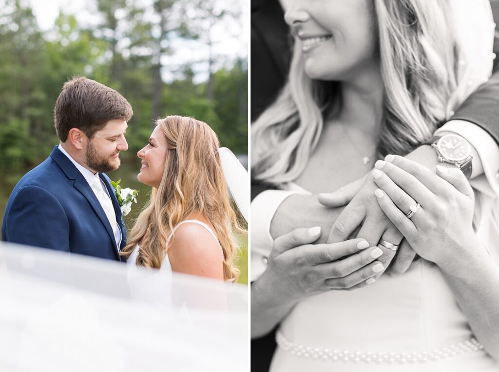 Bride and groom smiling at each other and closeup of bride and groom holding hands | The Evermore Wedding | The Evermore Wedding Photographer | Raleigh NC Wedding Photographer