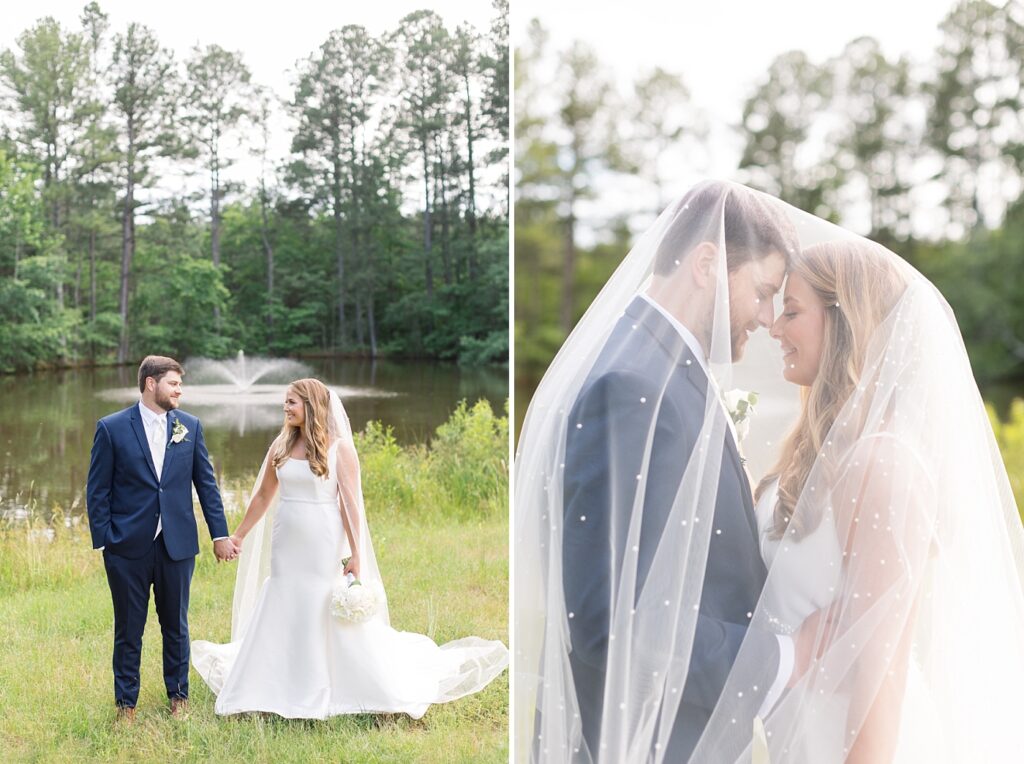 Bride and groom holding hands by lake and bride and groom under bride's veil | The Evermore Wedding | The Evermore Wedding Photographer | Raleigh NC Wedding Photographer