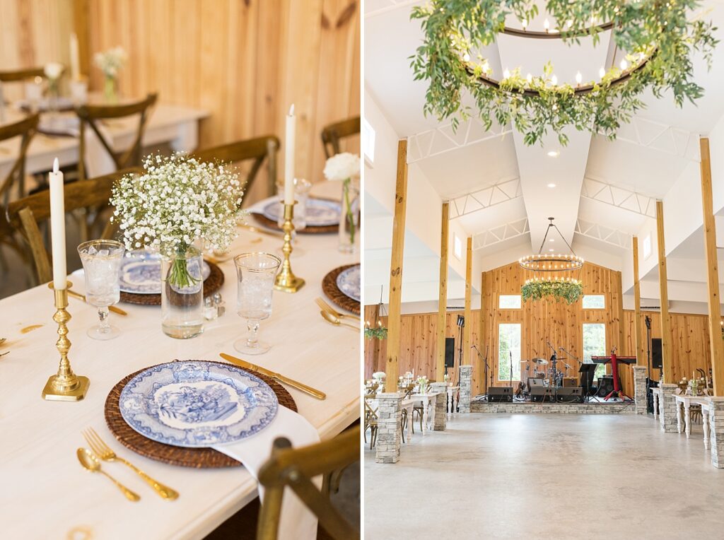 Wedding venue details | White flower table décor and blue and white plating | The Evermore Wedding | The Evermore Wedding Photographer | Raleigh NC Wedding Photographer