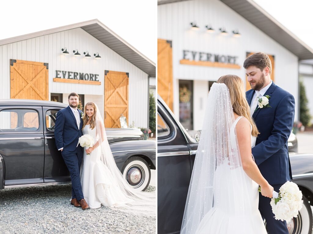 Bride and groom smiling next to classic car | The Evermore Wedding | The Evermore Wedding Photographer | Raleigh NC Wedding Photographer