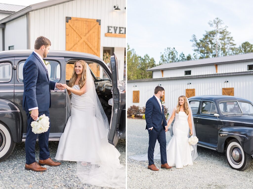 Bride standing by classic car's open door | The Evermore Wedding | The Evermore Wedding Photographer | Raleigh NC Wedding Photographer