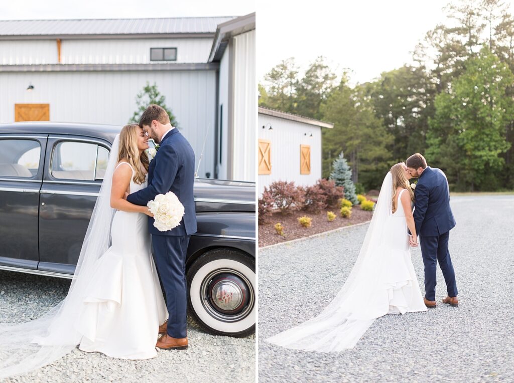 Bride and groom embracing near classic car and bride and groom kissing on gravel pathway | The Evermore Wedding | The Evermore Wedding Photographer | Raleigh NC Wedding Photographer