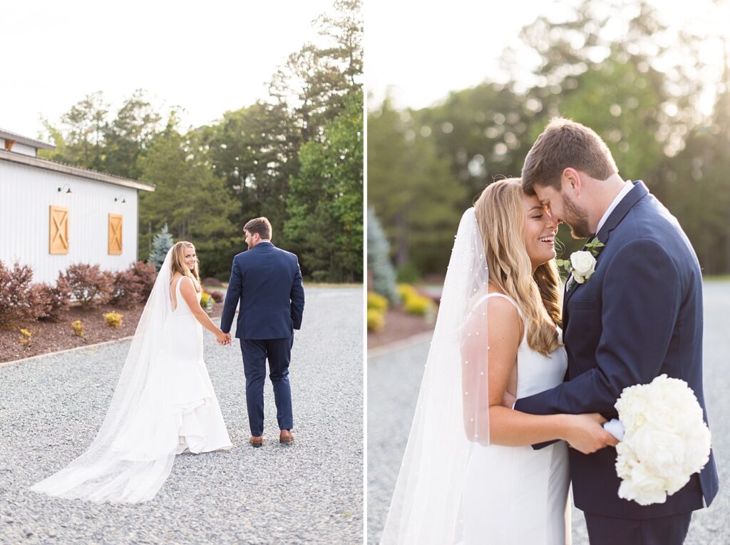 Bride and groom holding hands and walking down gravel pathway | The Evermore Wedding | The Evermore Wedding Photographer | Raleigh NC Wedding Photographer