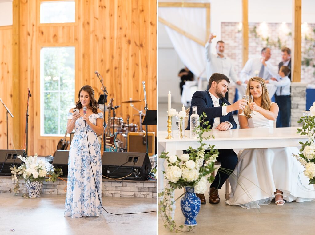 Bridesmaid giving speech during reception and bride and groom toasting | The Evermore Wedding | The Evermore Wedding Photographer | Raleigh NC Wedding Photographer