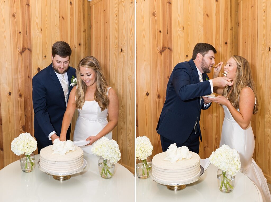 Bride and groom cutting wedding cake | The Evermore Wedding | The Evermore Wedding Photographer | Raleigh NC Wedding Photographer