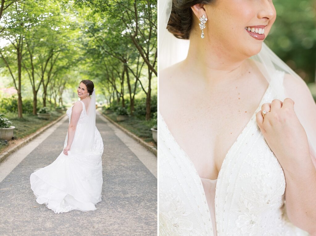 Bride wedding dress inspiration and earrings | Bridal Portraits at Duke Gardens | Raleigh NC Wedding Photographer | Bridal Portrait Photographer