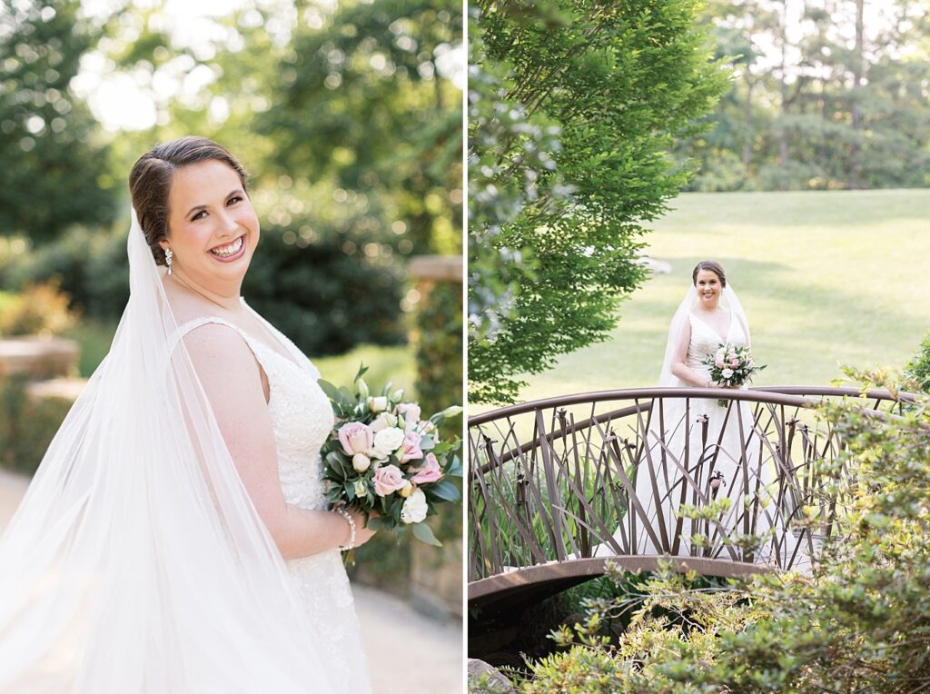 Bride standing on garden bridge holding bouquet | Bridal Portraits at Duke Gardens | Raleigh NC Wedding Photographer | Bridal Portrait Photographer