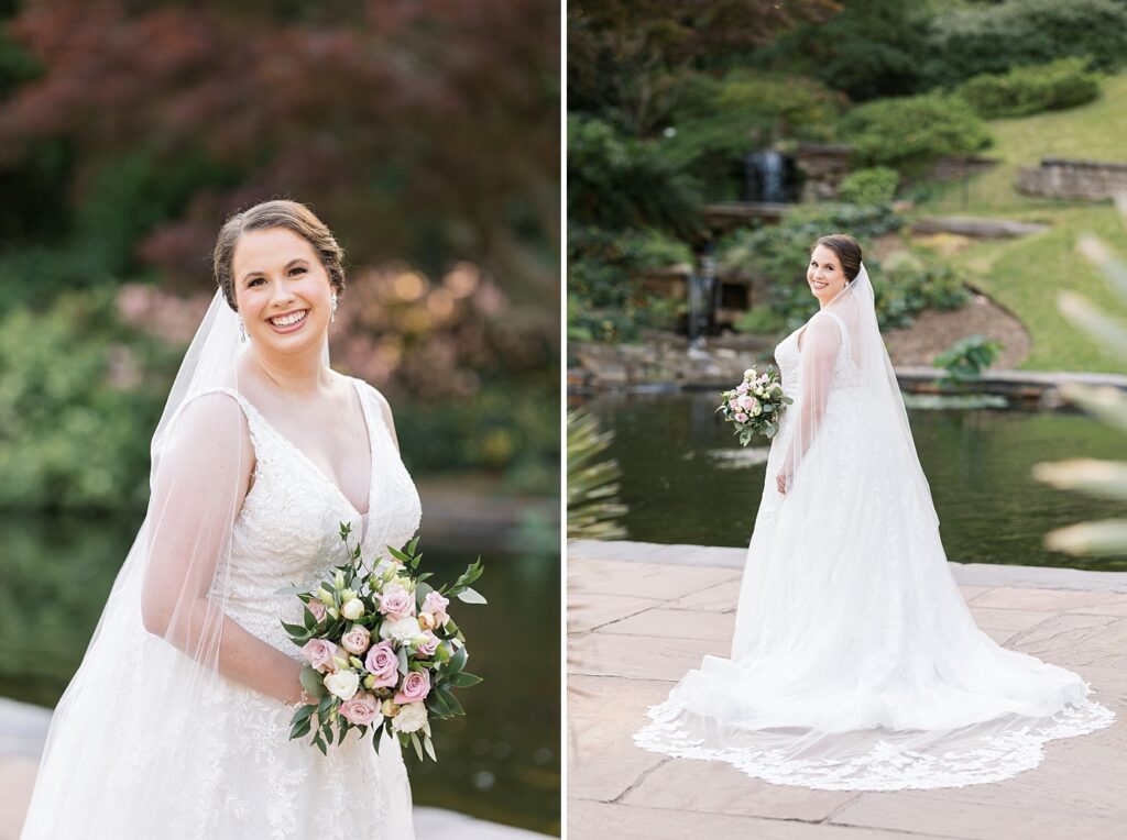 Bride posing near pond in garden | Bridal Portraits at Duke Gardens | Raleigh NC Wedding Photographer | Bridal Portrait Photographer