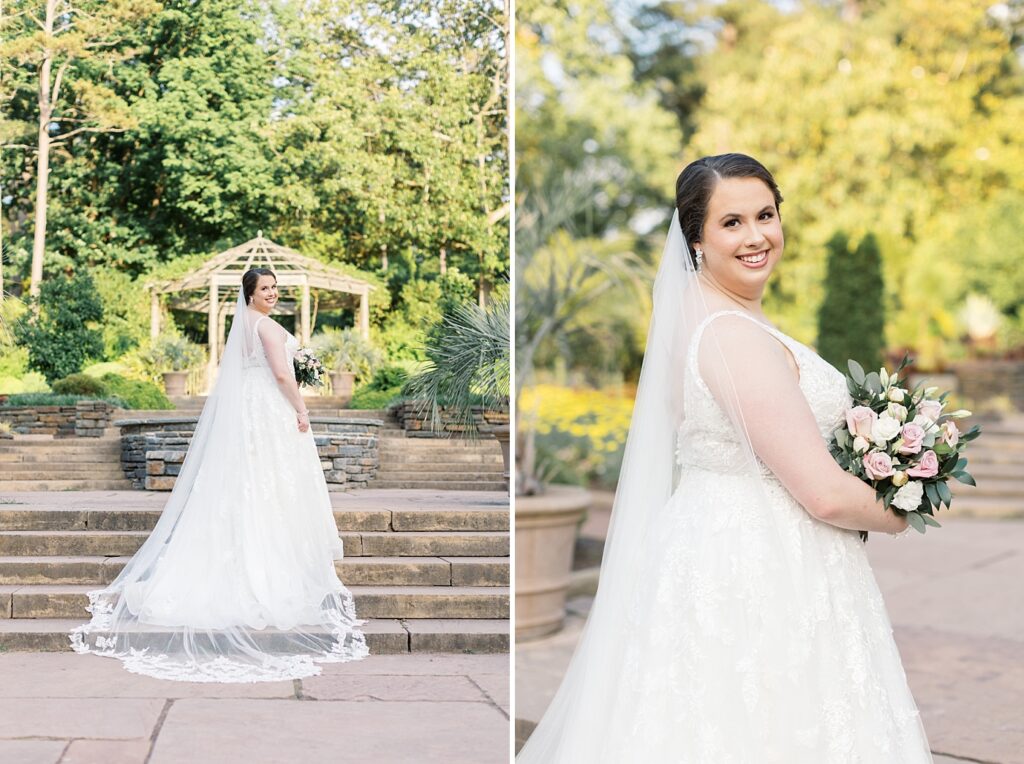 Bride standing in front of gazebo with bouquet | Bridal Portraits at Duke Gardens | Raleigh NC Wedding Photographer | Bridal Portrait Photographer