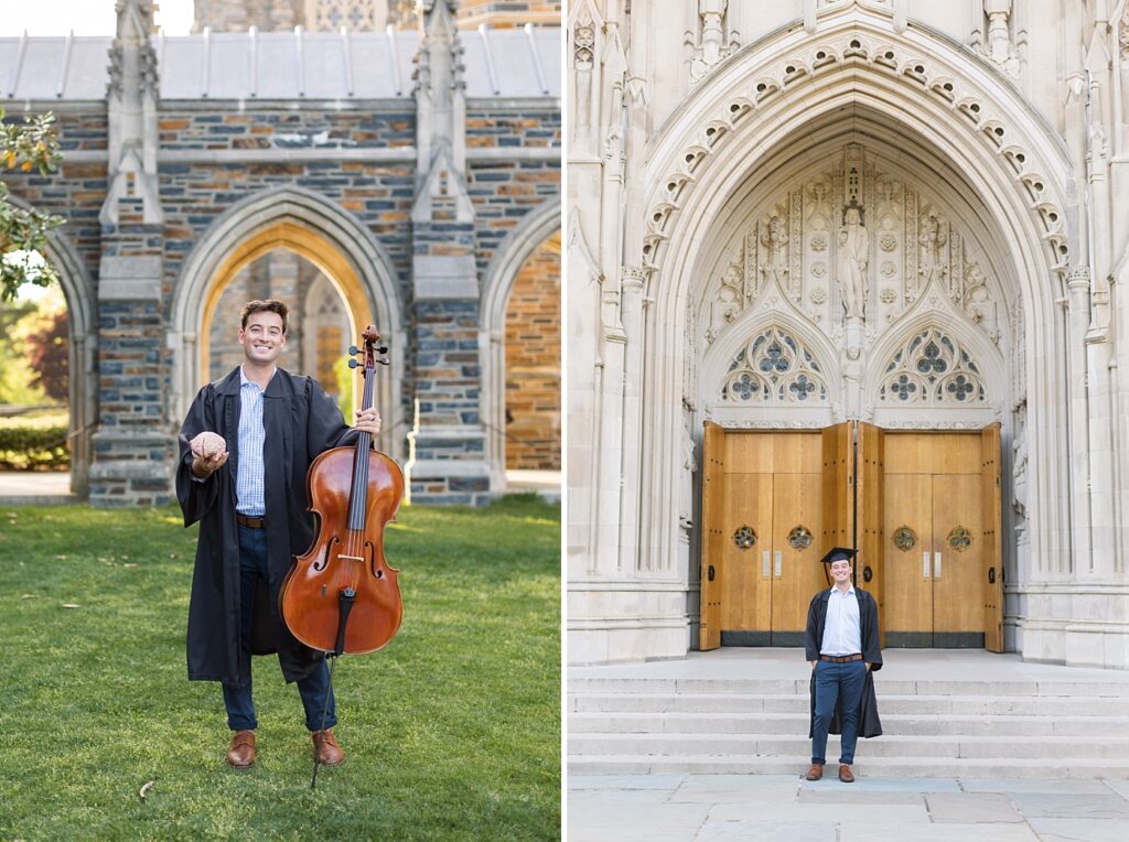 Grad student wearing cap and gown and holding cello outside Duke University | Duke University Grad | Durham Senior Photographer