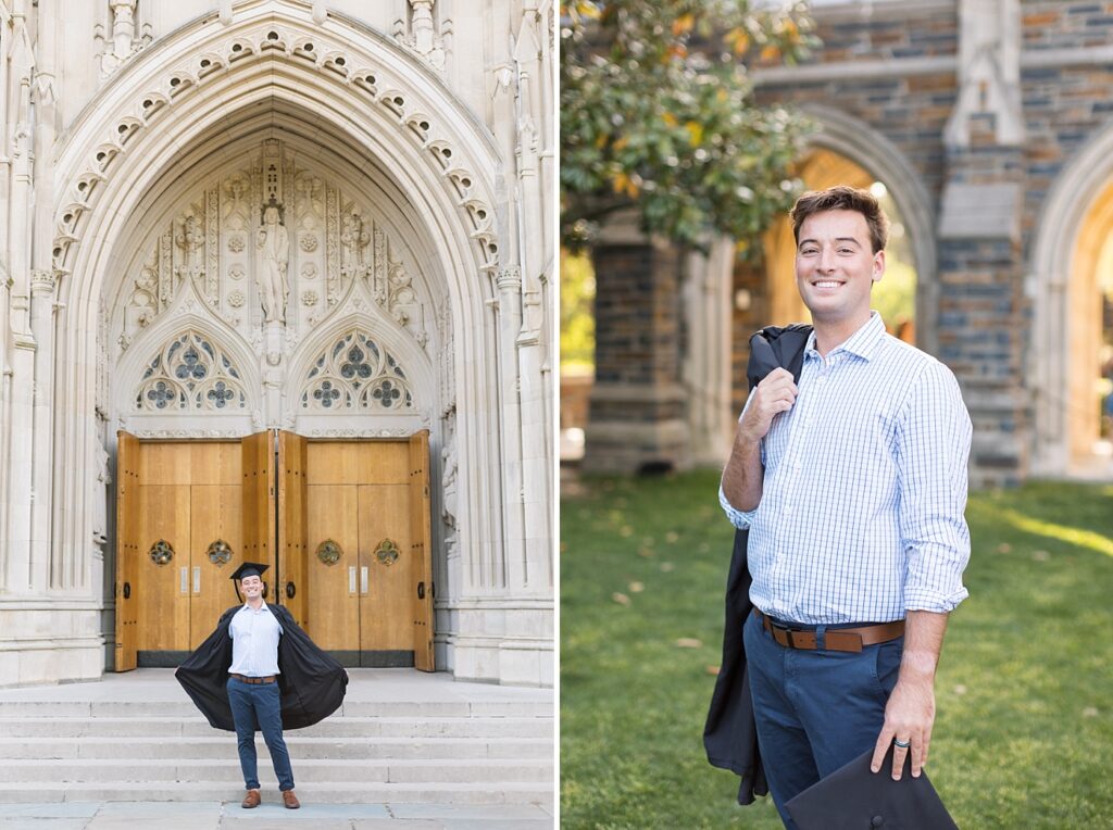 Grad student wearing cap and gown standing in front of Duke Chapel doors | Duke University Grad | Durham Senior Photographer