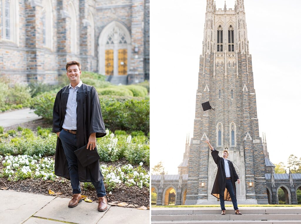 Grad student throwing cap into air in front of Duke Chapel | Duke University Grad | Durham Senior Photographer