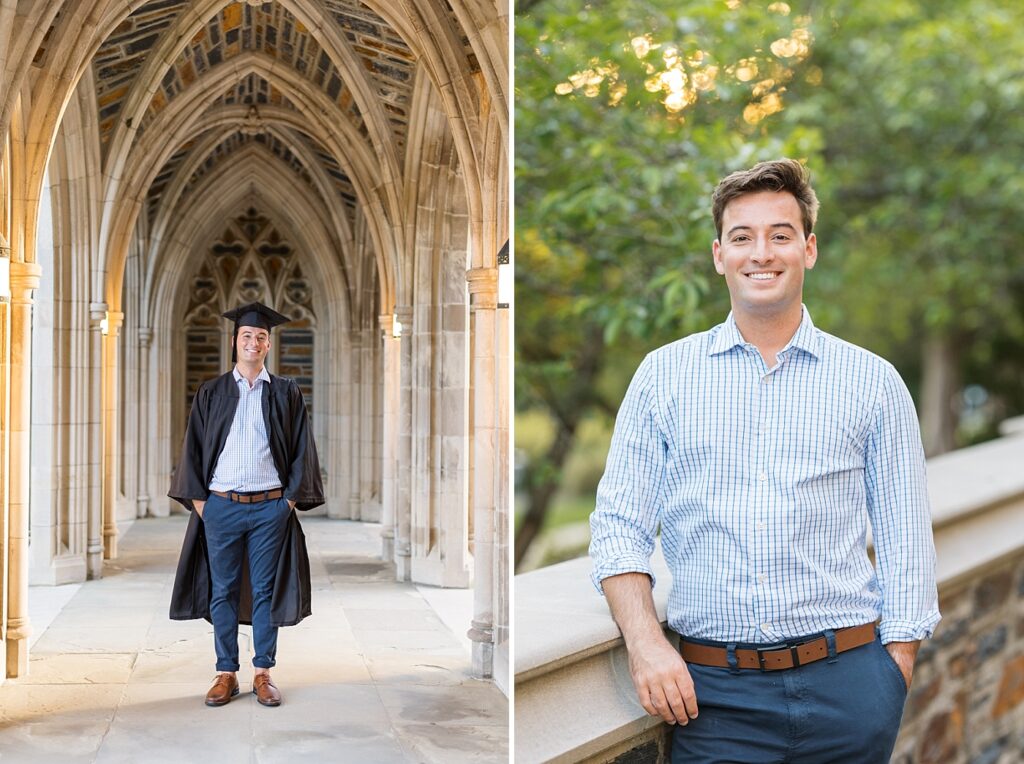 Grad student wearing cap and gown and smiling | Duke University Grad | Durham Senior Photographer