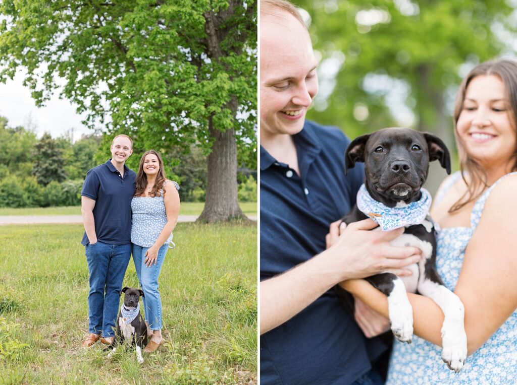 Couple smiling with family dog | Raleigh NC Engagement Photographer | Sarah Hinckley Wedding Photographer