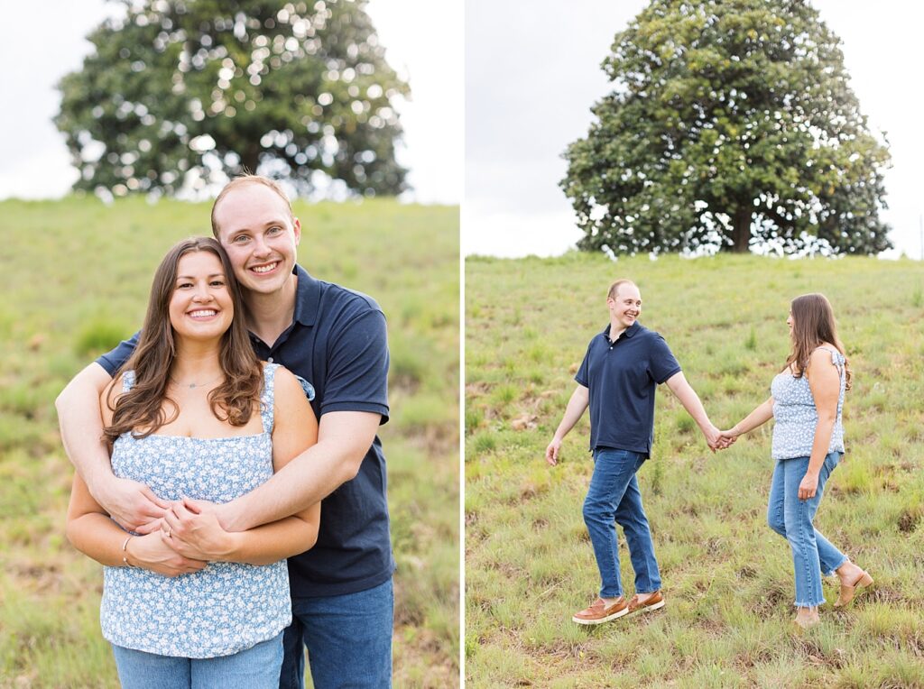 Couple holding hands and embracing in open field | Raleigh NC Engagement Photographer | Sarah Hinckley Wedding Photographer
