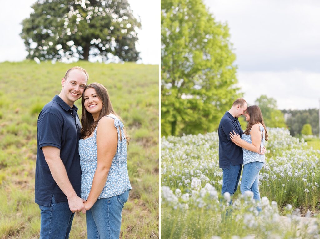 Engagement photos in garden with white flowers | Raleigh NC Engagement Photographer | Sarah Hinckley Wedding Photographer