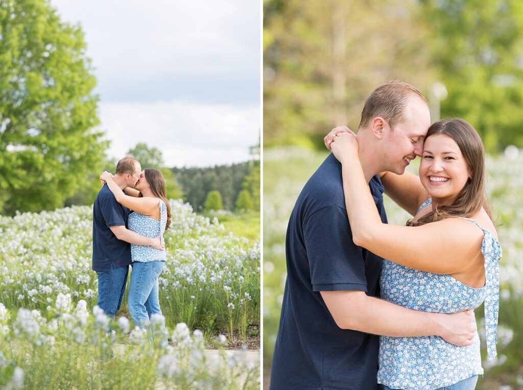 Engagement photos in garden with white flowers | Raleigh NC Engagement Photographer | Sarah Hinckley Wedding Photographer