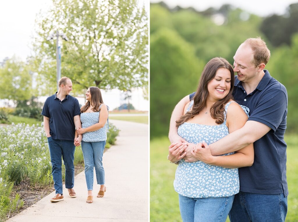 Couple walking by white flowers | Raleigh NC Engagement Photographer | Sarah Hinckley Wedding Photographer
