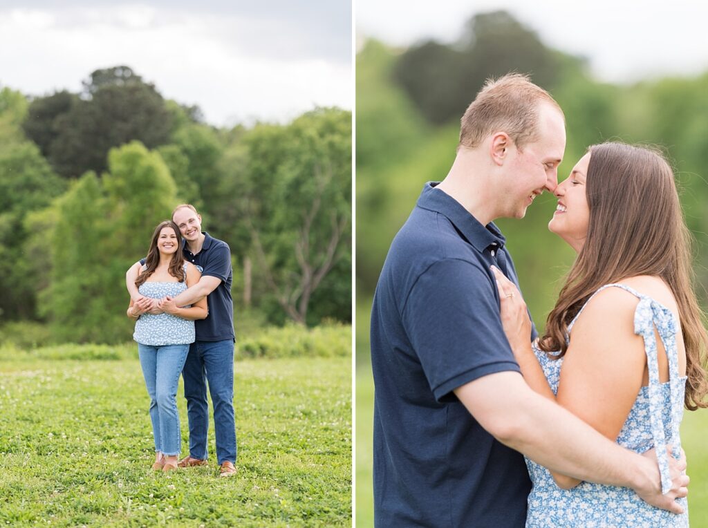 Couple staring at each other in open field | Raleigh NC Engagement Photographer | Sarah Hinckley Wedding Photographer