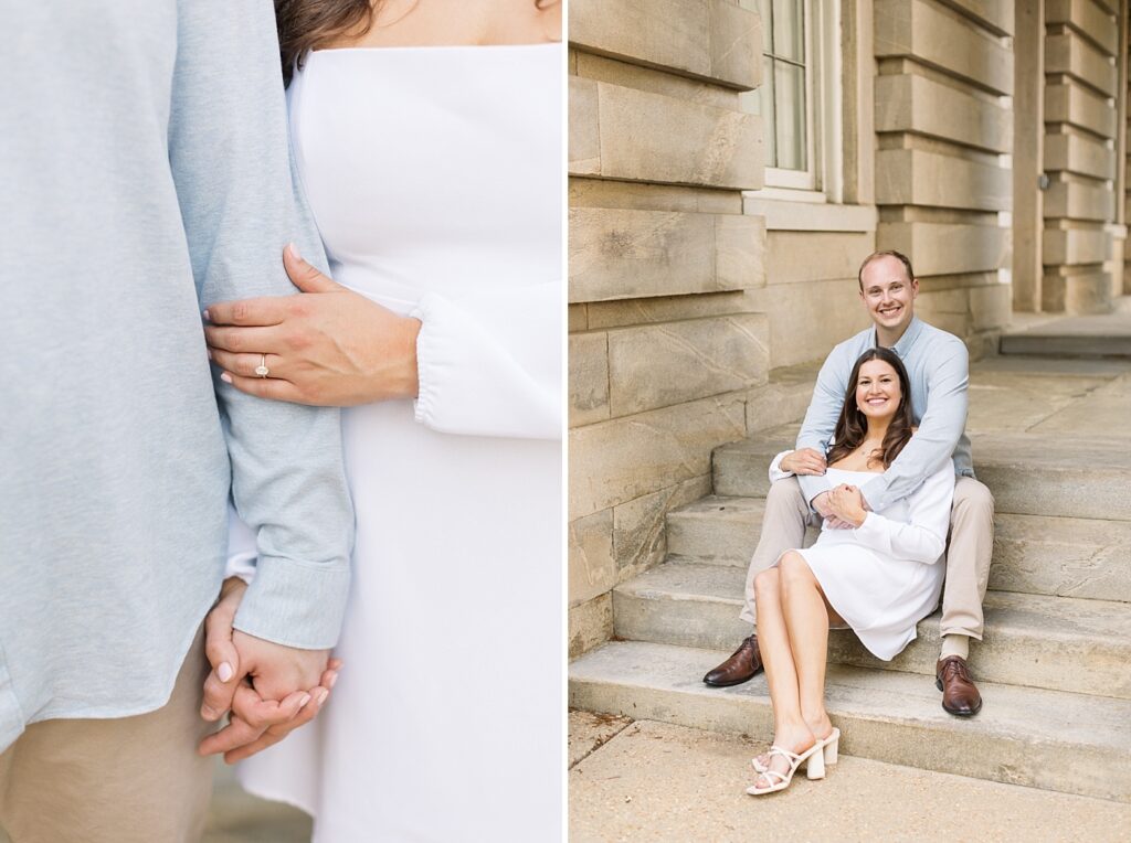 Couple sitting on stairs and closeup of engagement ring | Raleigh NC Engagement Photographer | Sarah Hinckley Wedding Photographer