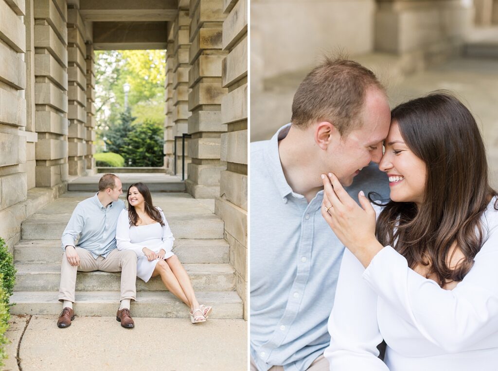 Couple sitting on stairs and smiling | Raleigh NC Engagement Photographer | Sarah Hinckley Wedding Photographer
