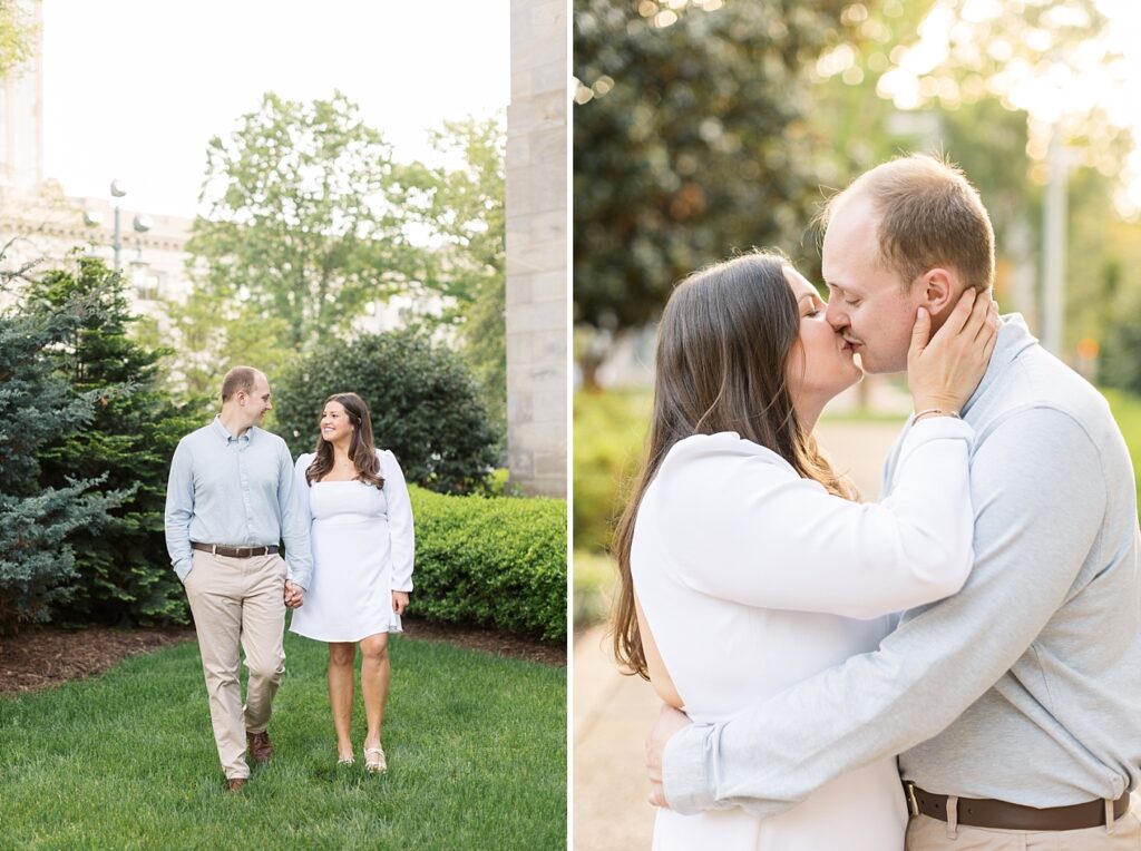 Couple holding hands and staring at each other in garden | Raleigh NC Engagement Photographer | Sarah Hinckley Wedding Photographer
