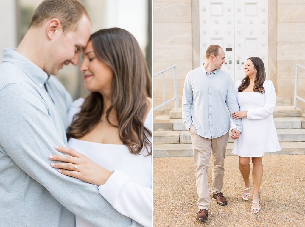 Couple walking in front of stairs | Raleigh NC Engagement Photographer | Sarah Hinckley Wedding Photographer
