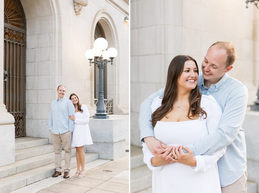 Couple embracing in front of stairs | Raleigh NC Engagement Photographer | Sarah Hinckley Wedding Photographer