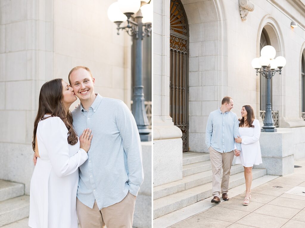 Couple embracing in front of stairs | Raleigh NC Engagement Photographer | Sarah Hinckley Wedding Photographer