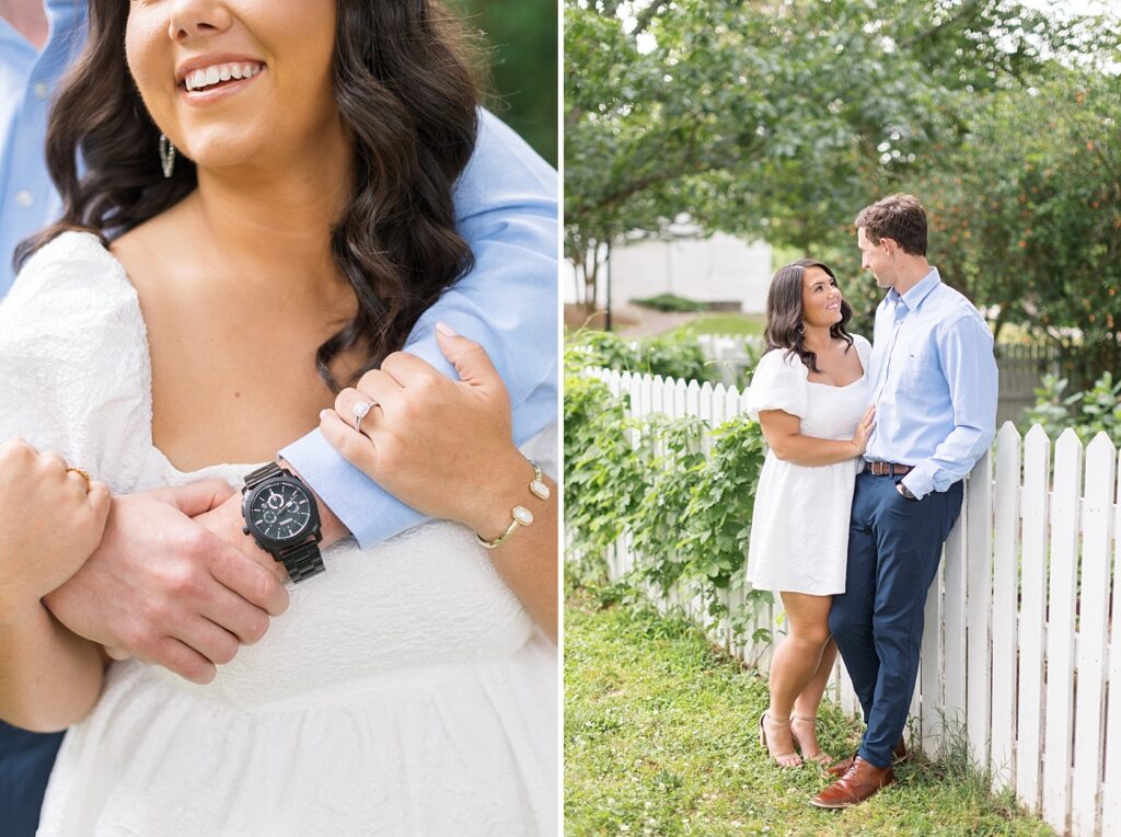 Couple holding hands and close-up of watch and engagement ring | Raleigh NC Engagement Photographer | Historic Oak View Engagement Session