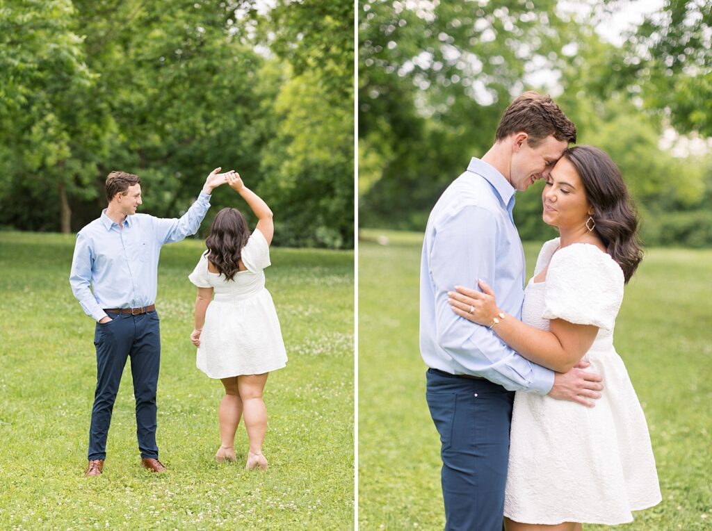 Couple embracing and dancing in open field | Raleigh NC Engagement Photographer | Historic Oak View Engagement Session