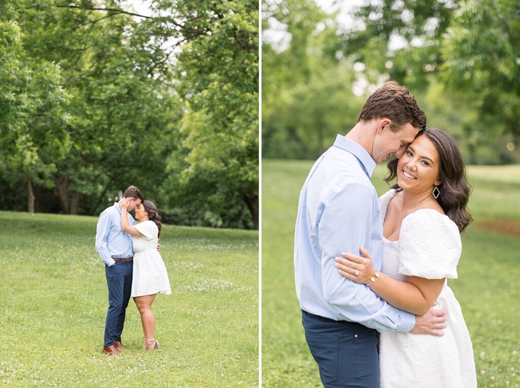 White baby doll dress for engagement photoshoot and navy pants with light blue button down for engagement photoshoot | Raleigh NC Engagement Photographer | Historic Oak View Engagement Session