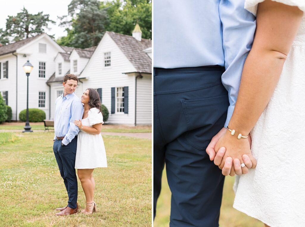 Couple holding hands close-up and couple embracing in front of Historic Oak View Venue | Raleigh NC Engagement Photographer | Historic Oak View Engagement Session