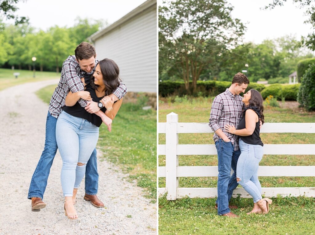 Couple embracing by white fence | Raleigh NC Engagement Photographer | Historic Oak View Engagement Session