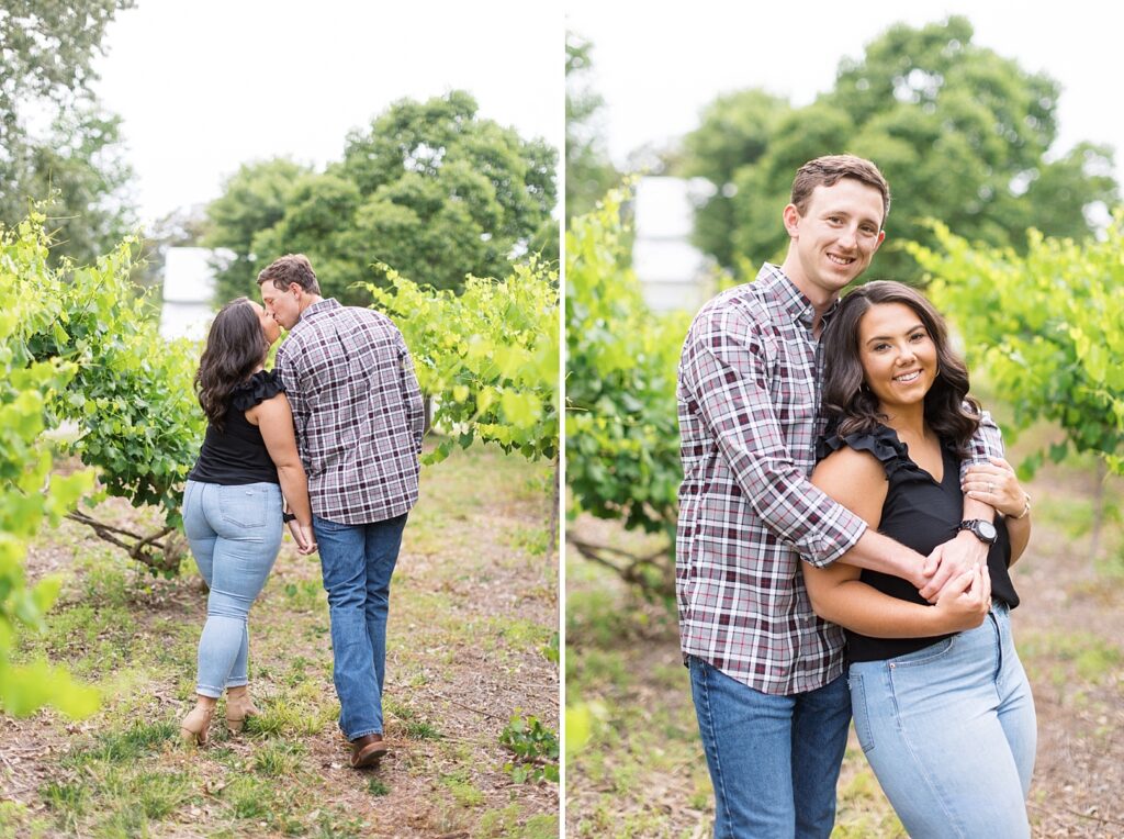 Couple kissing and embracing in field with tall plants | Raleigh NC Engagement Photographer | Historic Oak View Engagement Session