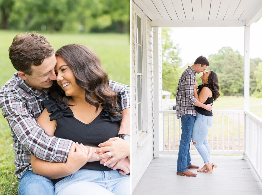 Couple embracing on porch | Raleigh NC Engagement Photographer | Historic Oak View Engagement Session