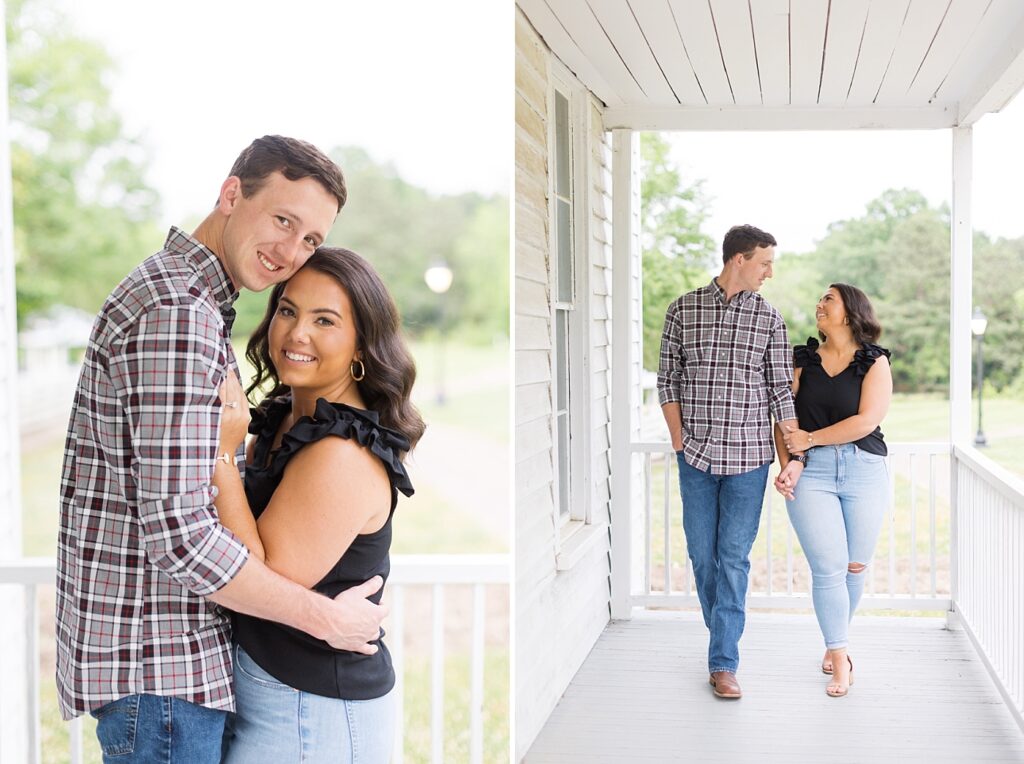Couple holding hands while staring at each other on porch | Raleigh NC Engagement Photographer | Historic Oak View Engagement Session