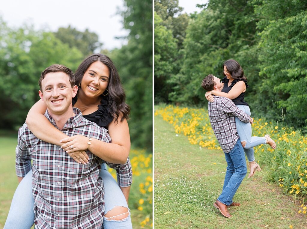 Couple embracing each other in field of yellow flowers | Raleigh NC Engagement Photographer | Historic Oak View Engagement Session