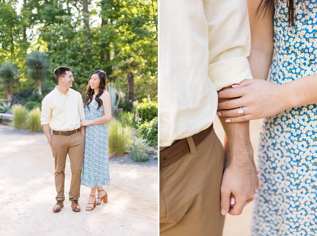 Couple embracing and closeup of engagement ring | Duke Gardens engagement photos | Raleigh NC wedding photographer 