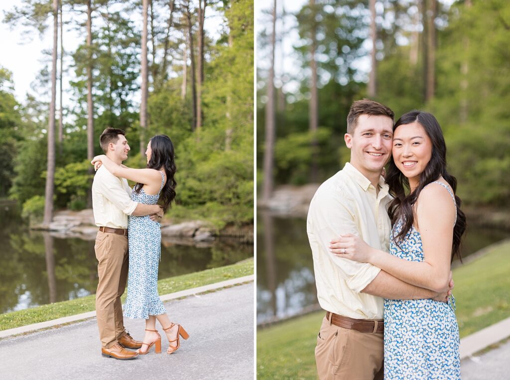 Couple embracing by lake | Duke Gardens engagement photos | Raleigh NC wedding photographer 
