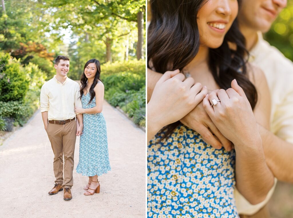 Couple embracing and closeup of engagement ring | Duke Gardens engagement photos | Raleigh NC wedding photographer 